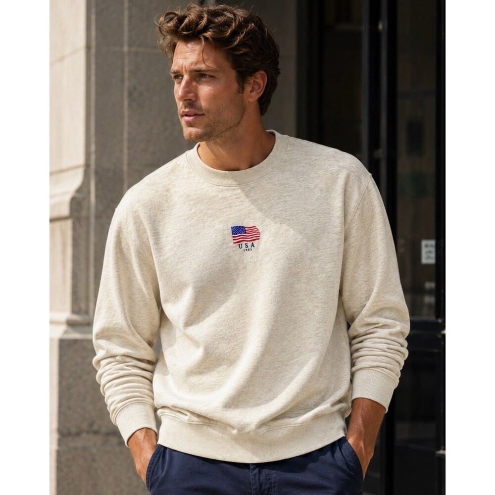 J.Crew 83 Fleece Sweatshirt Mens M Heather Ecru USA Flag Embroidered Americana